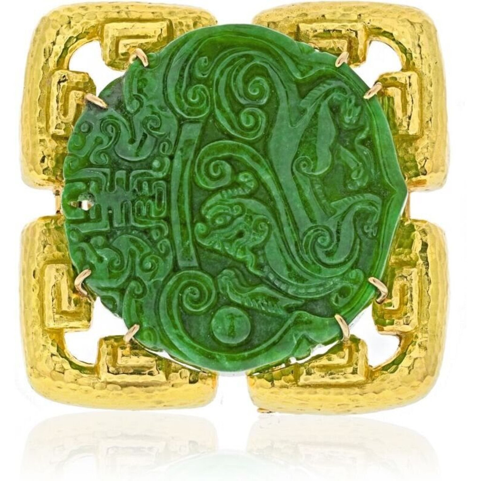 David Webb - 18K Yellow Gold Carved Jade Pendant And A Brooch