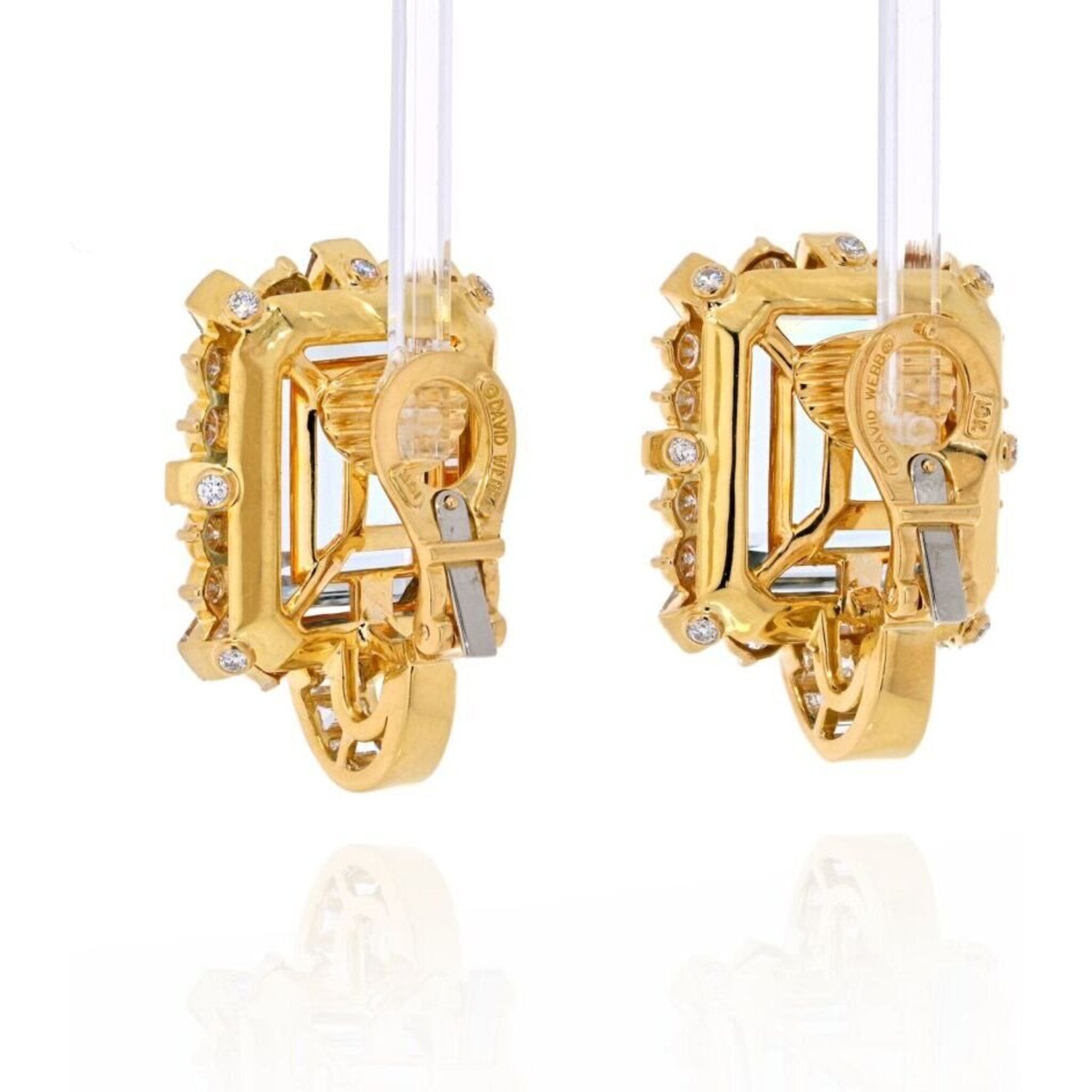 David Webb - 18K Yellow Gold Diamond & Aquamarine Square Shaped Earrings
