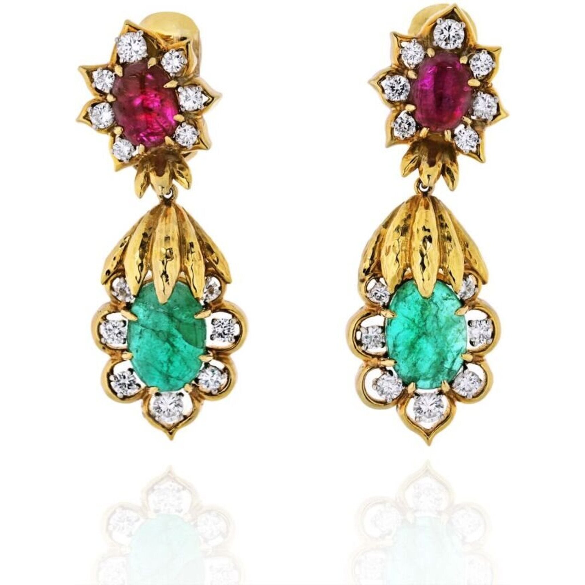 David Webb - 18K Yellow Gold Diamond, Emerald & Ruby Earrings