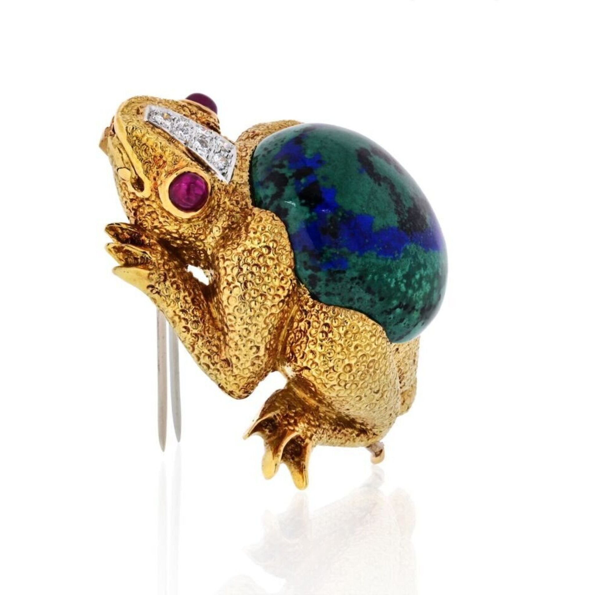 David Webb - 18K Yellow Gold Frog With Azurite-Malachite, Diamonds, Ruby Brooch