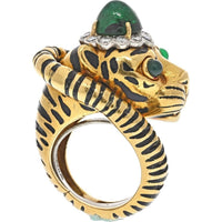 David Webb - 18K Yellow Gold Green Emerald & Diamond Tiger Ring