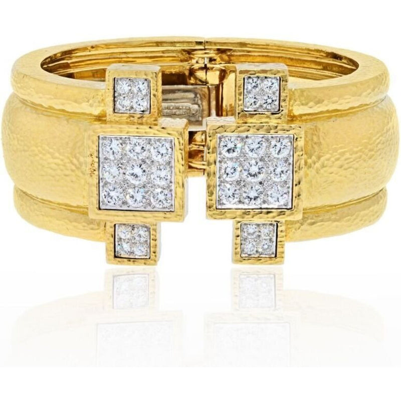 David Webb - 18K Yellow Gold Hammered Wide Cuff With Diamonds Bracelet