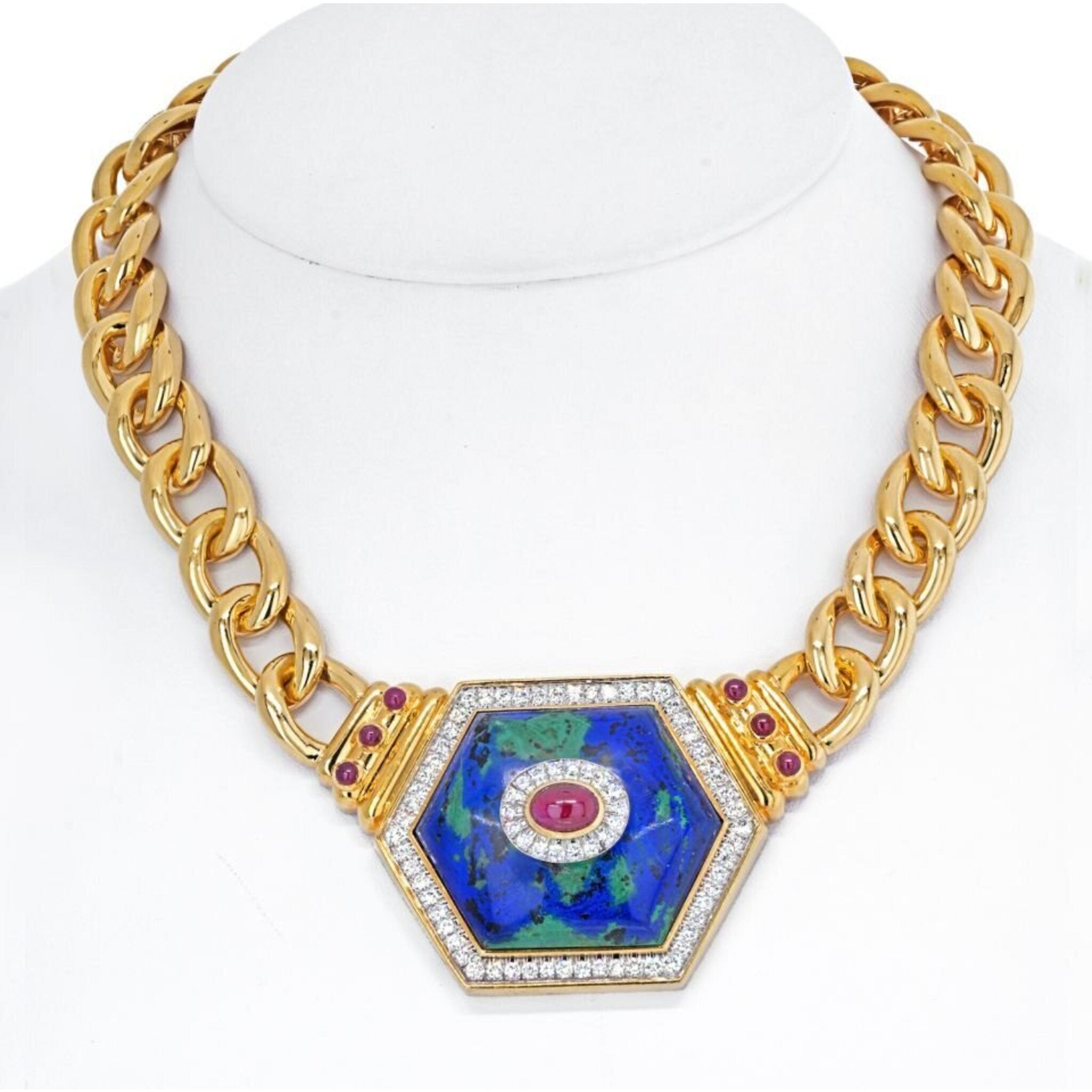 David Webb - 18K Yellow Gold Hexagonal-Shaped Azurmalachite