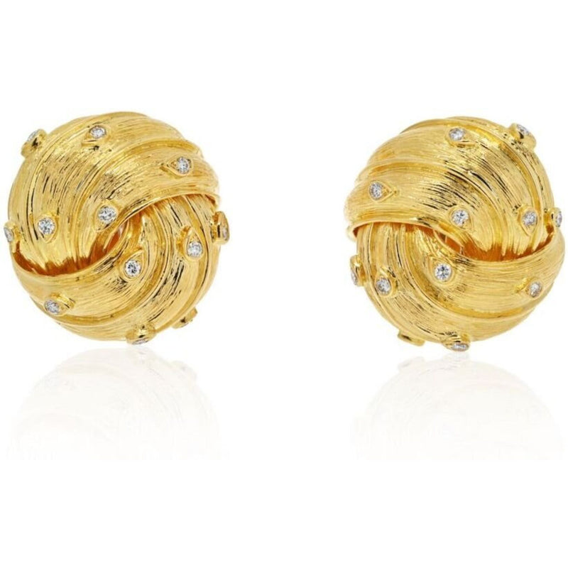 David Webb - 18K Yellow Gold Knot Style Button With Diamonds Earrings