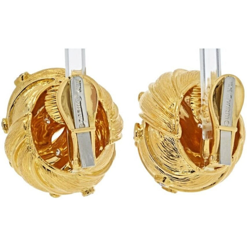 David Webb - 18K Yellow Gold Knot Style Button With Diamonds Earrings