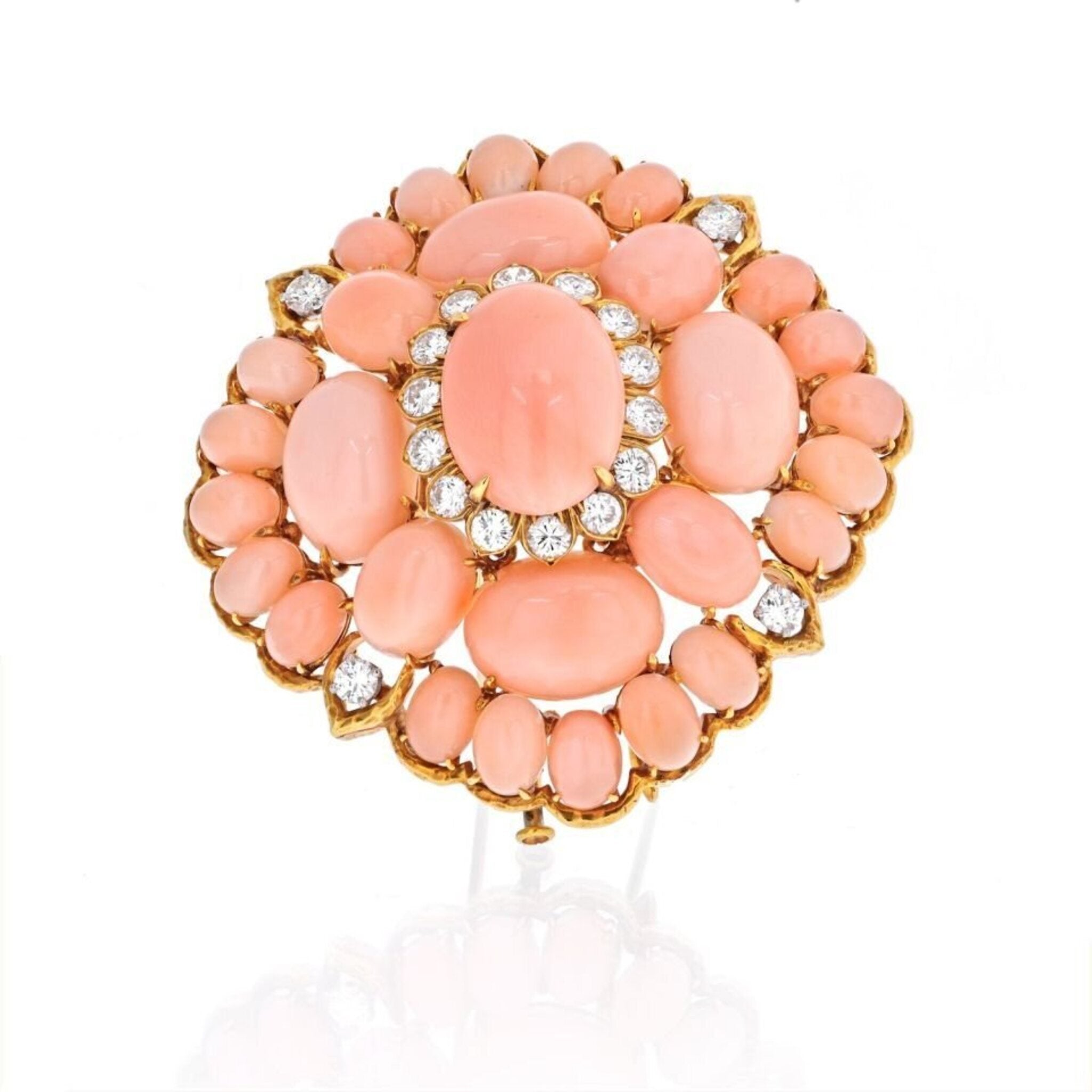 David Webb - 18K Yellow Gold Pink Coral Cluster And Diamond Brooch