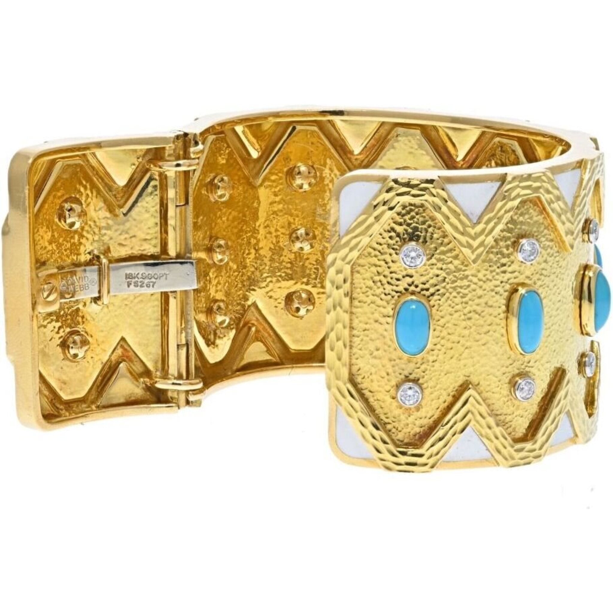 David Webb 18K Yellow Gold Rickrack Turquoise Cuff Bracelet