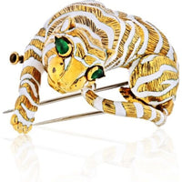 David Webb - 18K Yellow Gold Tiger In white Enamael, Emerald Eyes Brooch