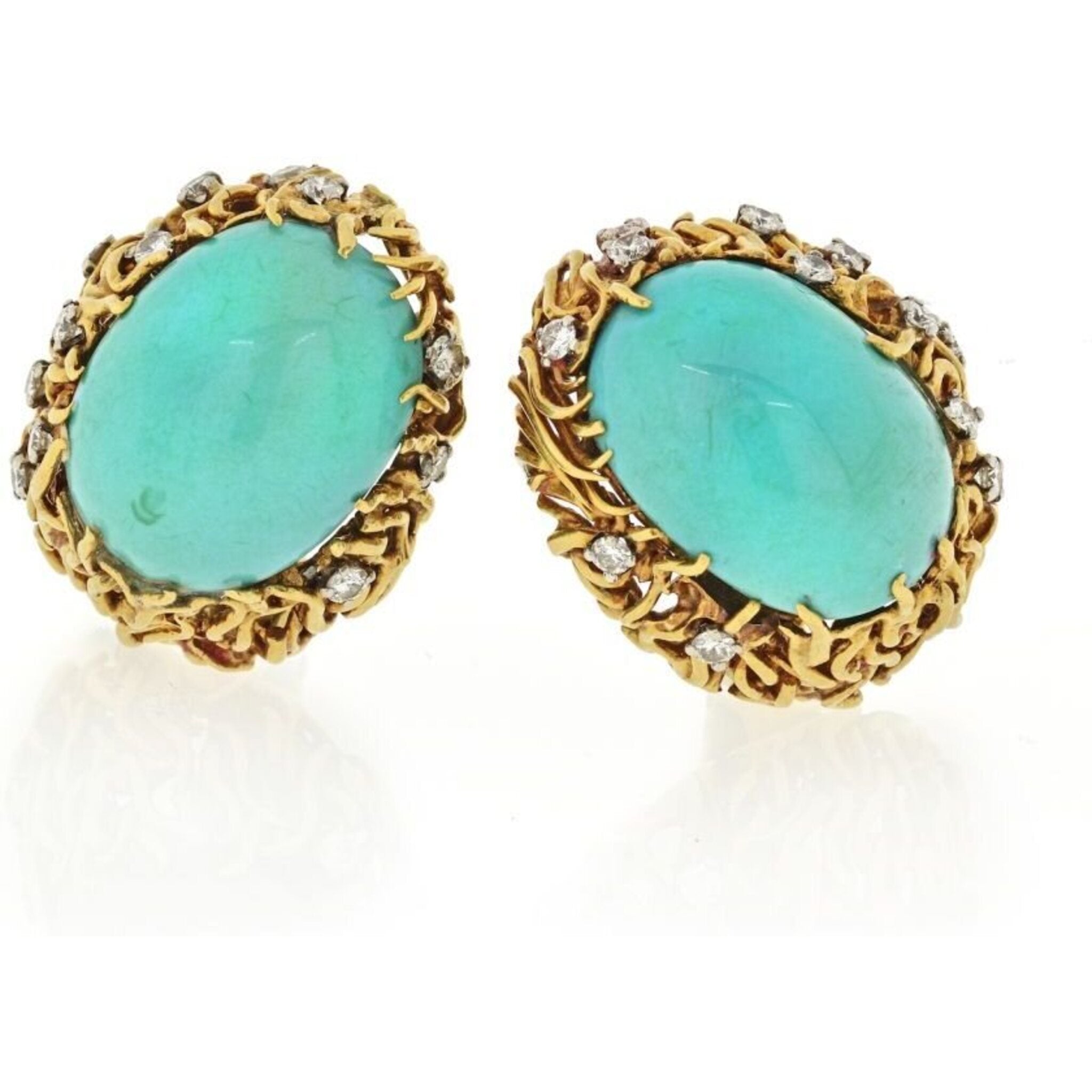 David Webb - 18K Yellow Gold Turquoise And Diamond Oval Clip-On Earrings