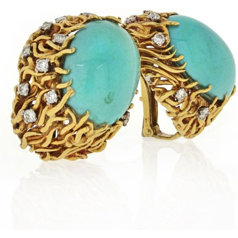 David Webb - 18K Yellow Gold Turquoise And Diamond Oval Clip-On Earrings