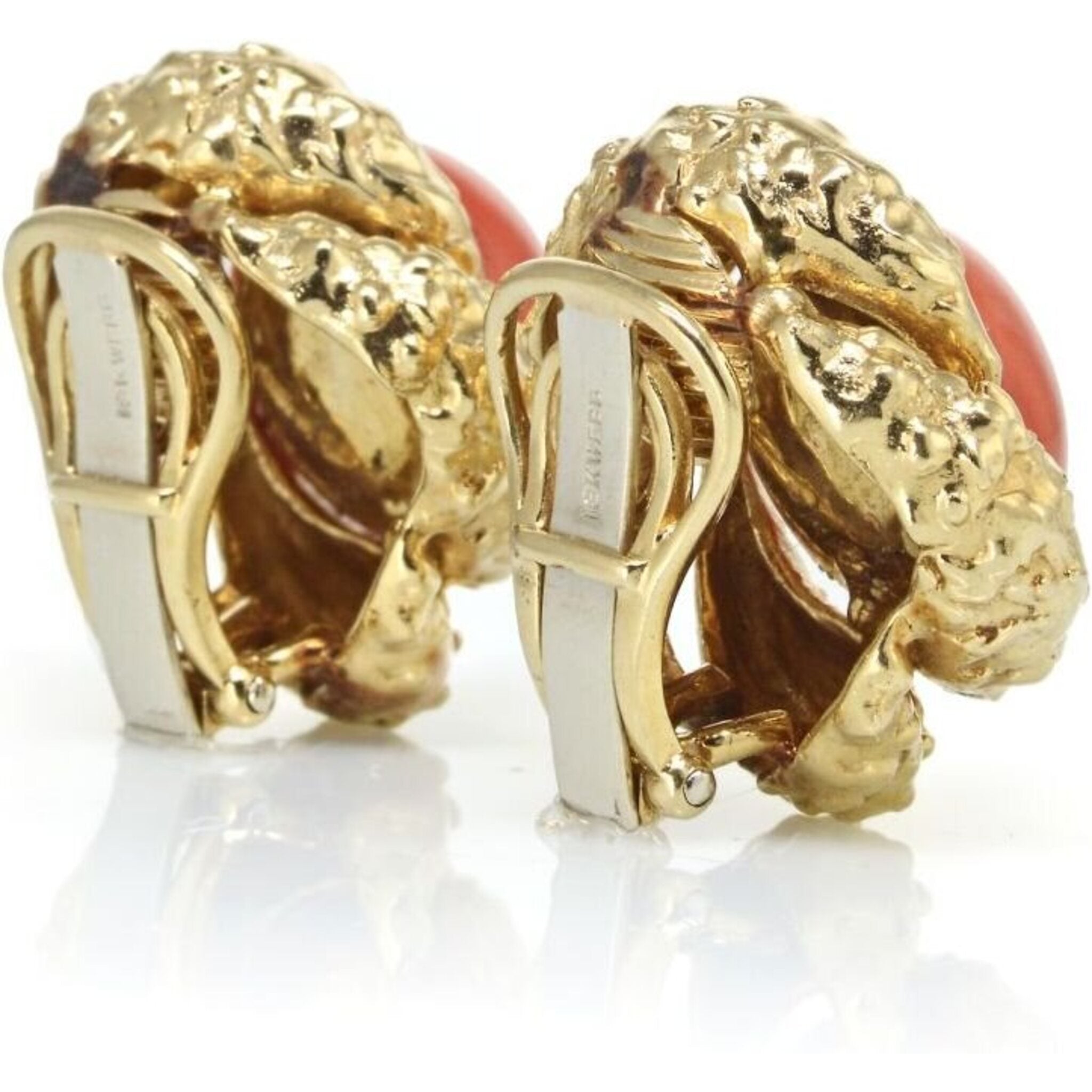 David Webb - 1970's Platinum & 18K Yellow Gold Round Cabochon Coral Clip-On Earrings