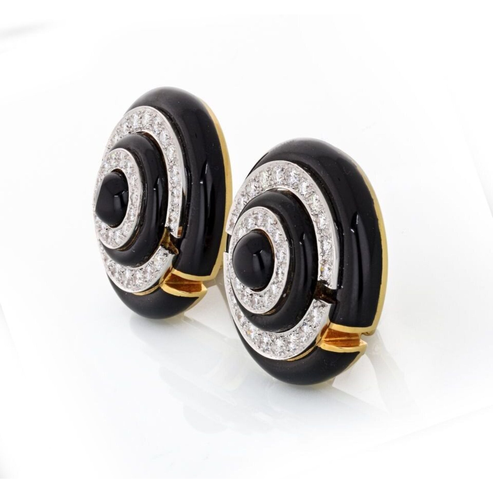 David Webb - Black Enamel And Diamond Round Clip-On Earrings