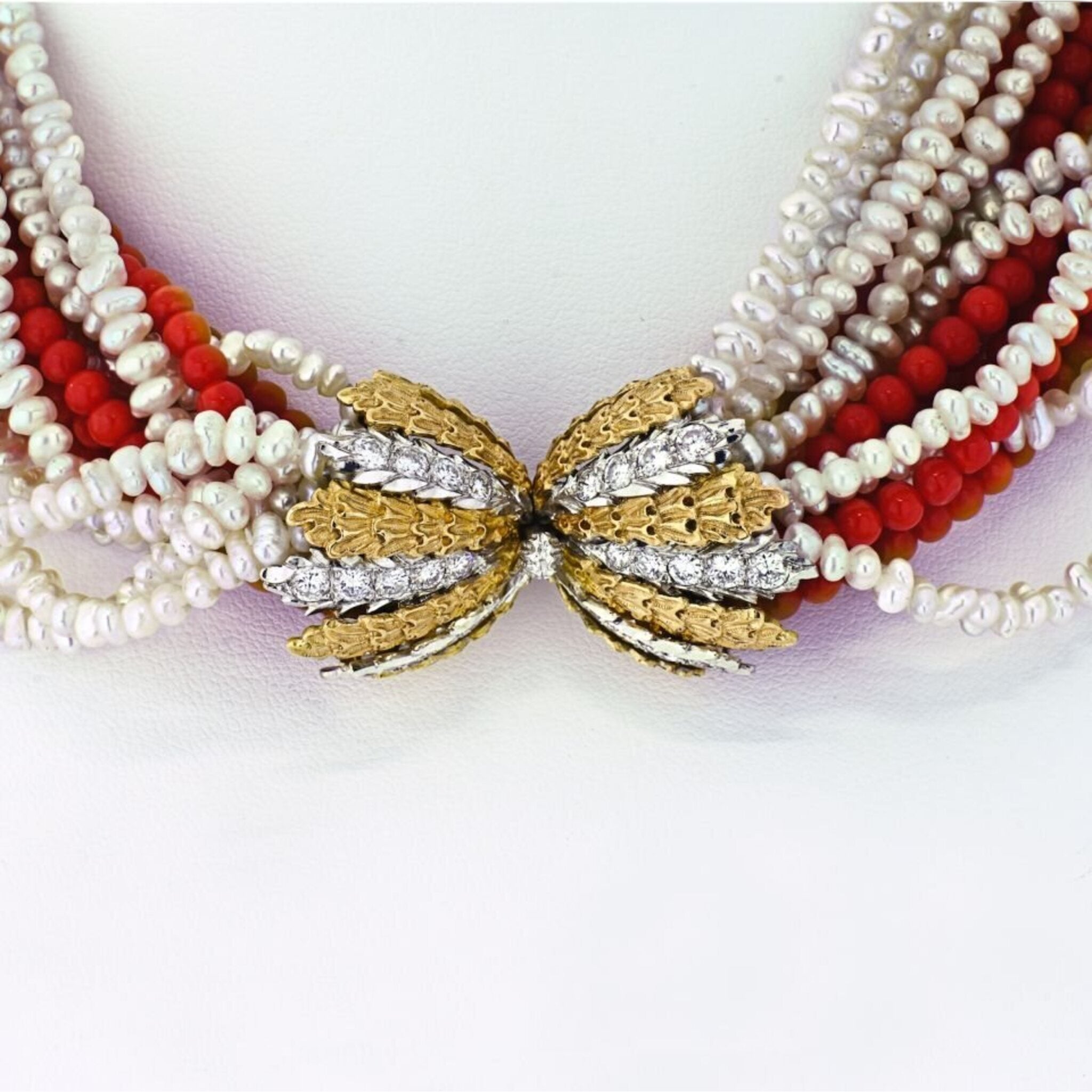 David Webb - Buccellati 18K Yellow Gold 16 string Coral, Pearl Diamond Clasp Necklace