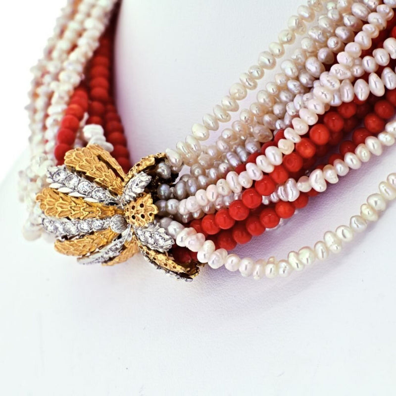 David Webb - Buccellati 18K Yellow Gold 16 string Coral, Pearl Diamond Clasp Necklace