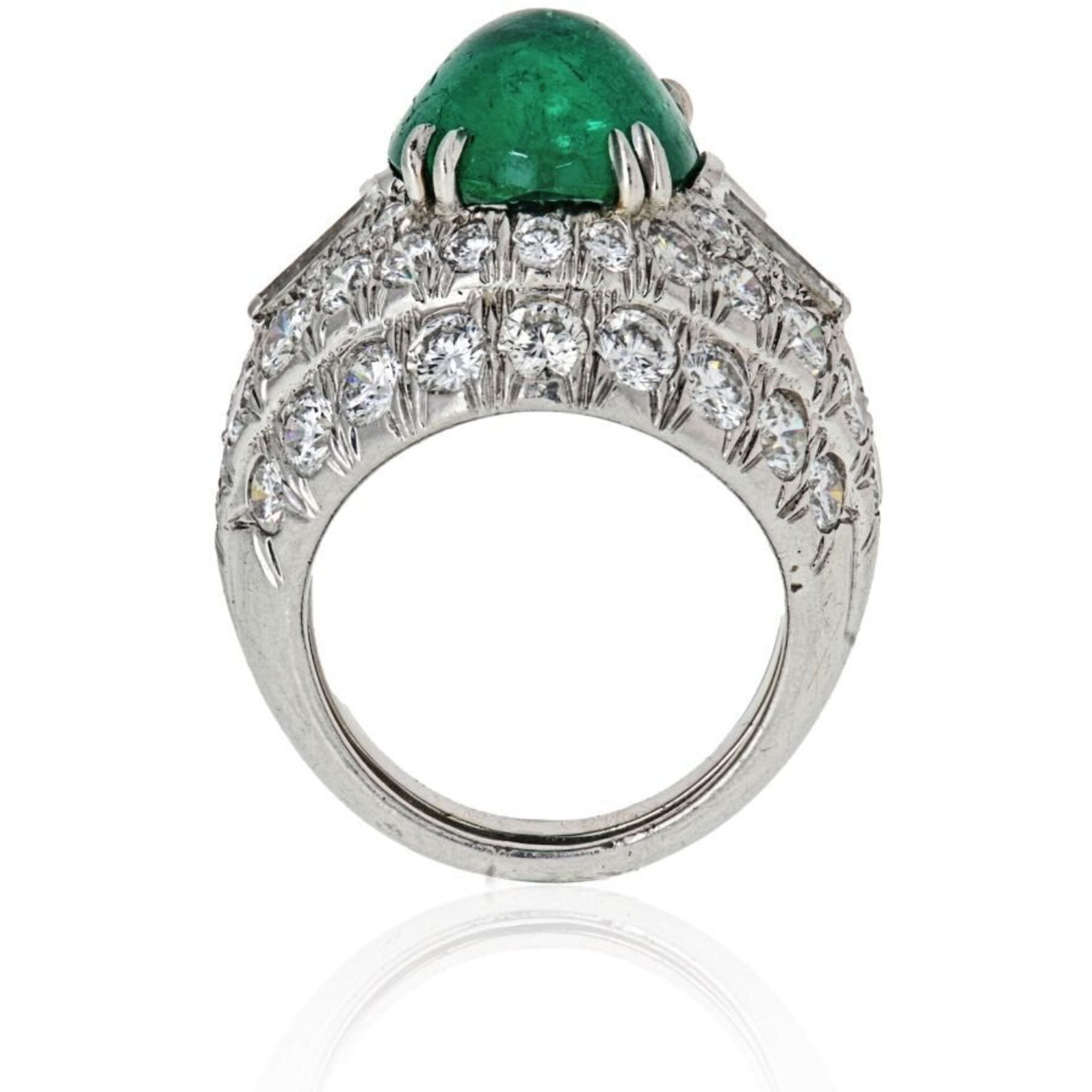 David Webb - Cabochon Platinum Green Emerald And Diamond Bombe Ring