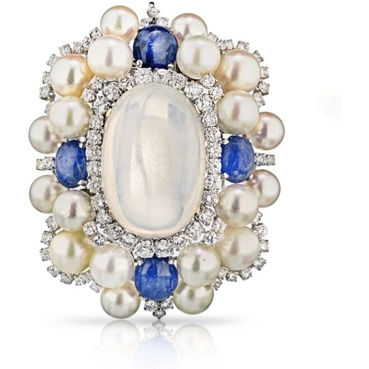 David Webb - Circa 1960's Platinum Moonstone, Sapphire and Diamonds Brooch