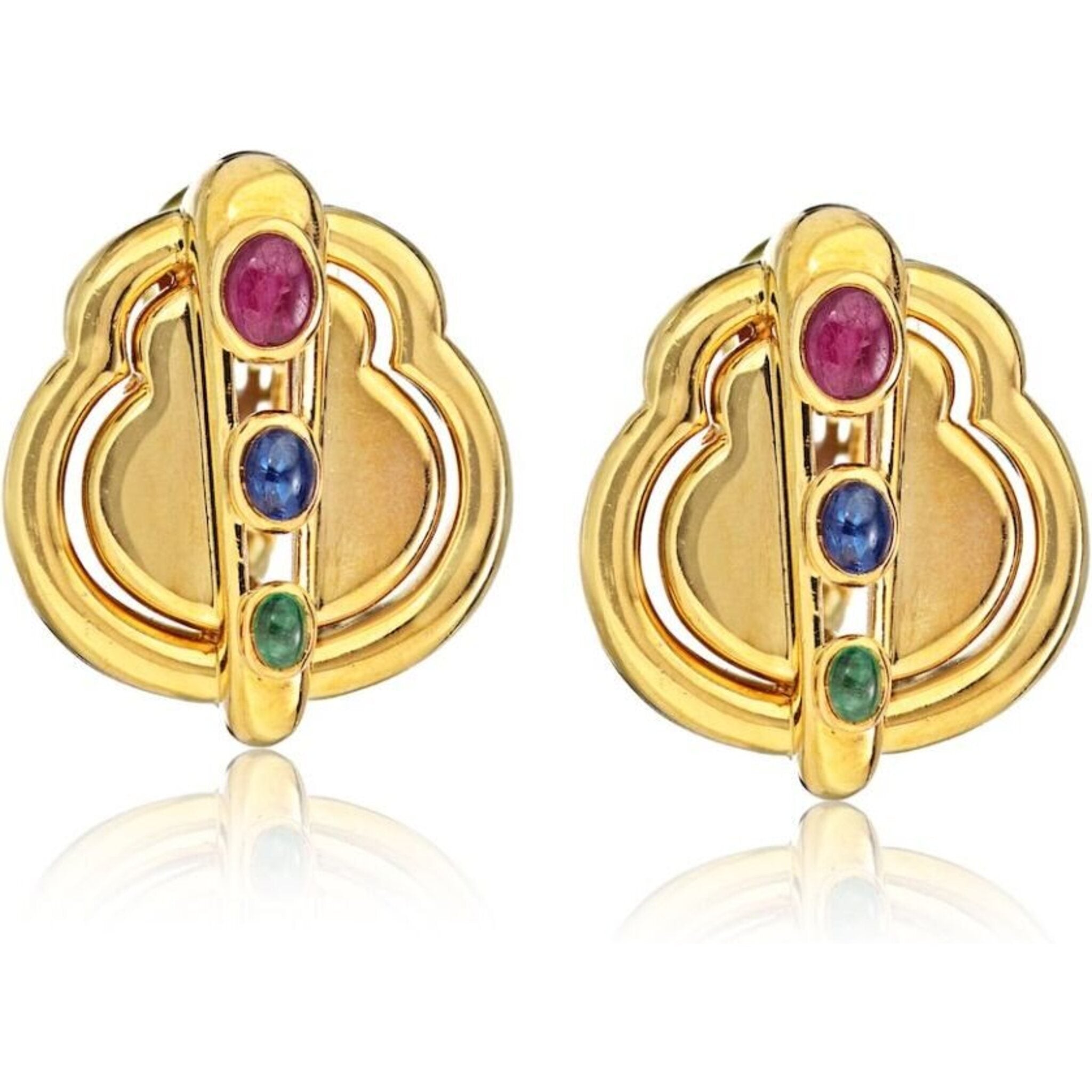 David Webb - Circa 1970's Platinum & 18K Yellow Gold Ruby, Emerald, Sapphire Earrings