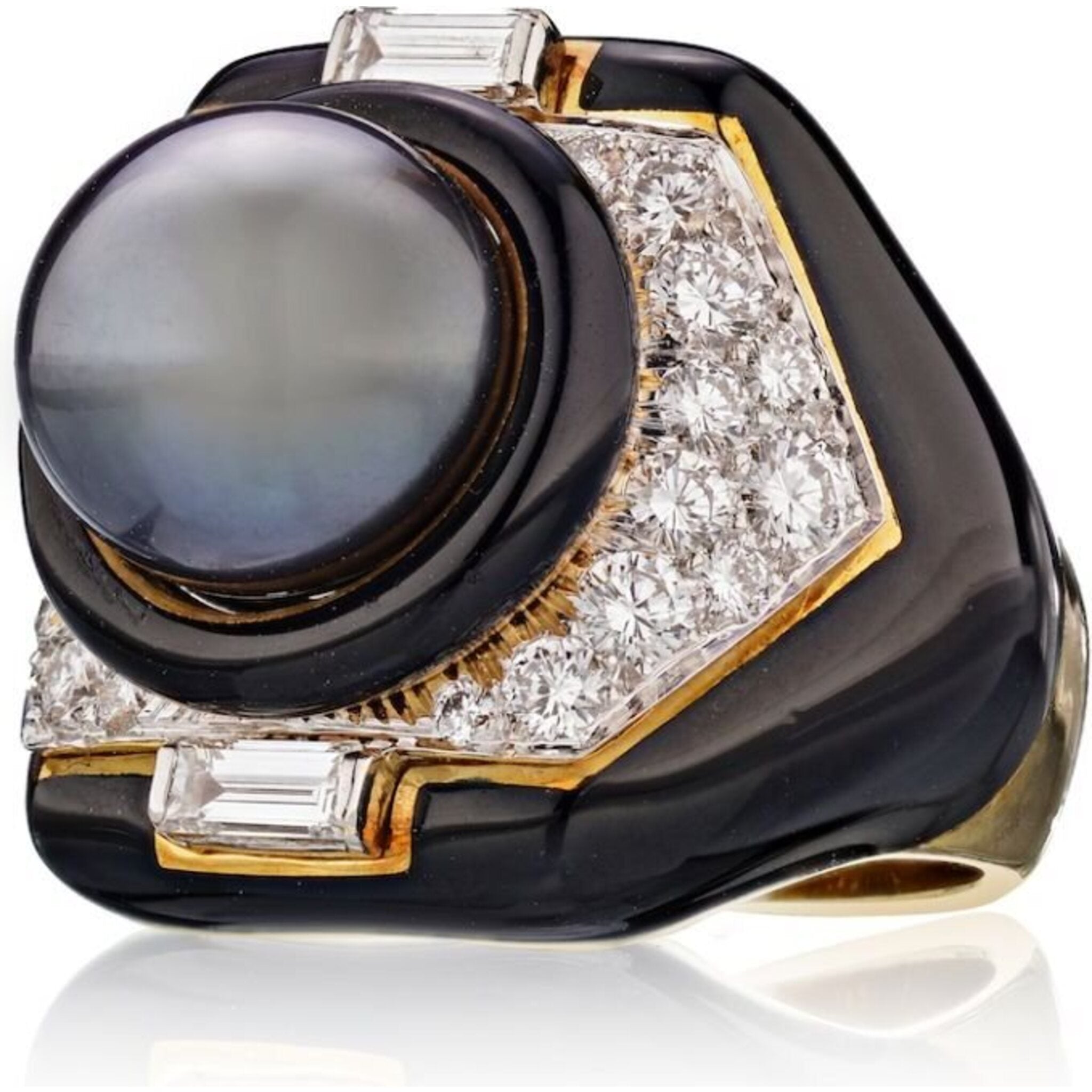 David Webb - Circa 1970's Platinum & 18K Yellow Gold Tahitian Cultured Pearl Diamond Black Onyx Ring