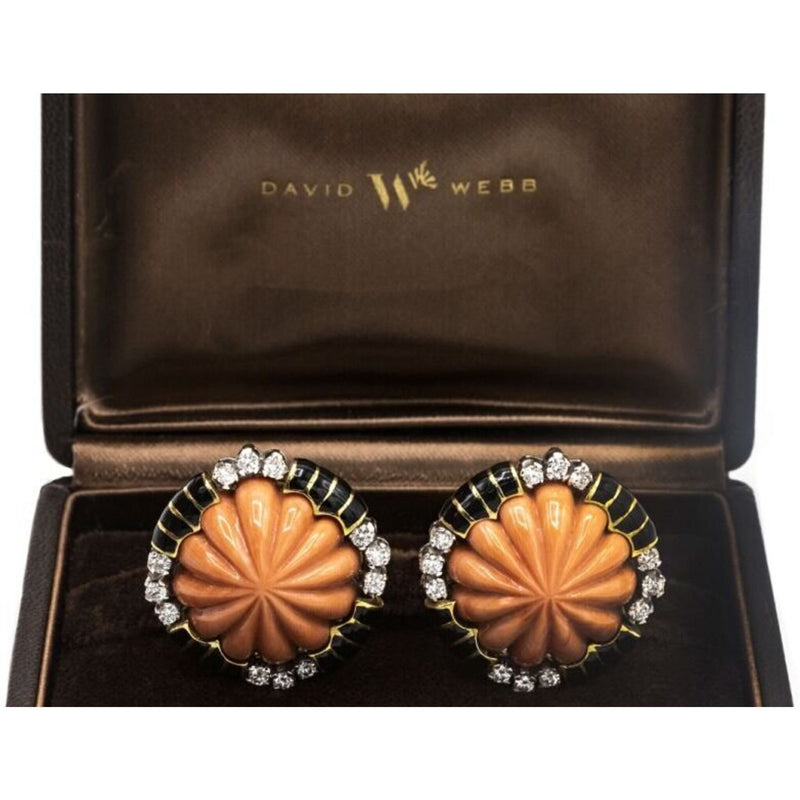 David Webb - Coral Platinum & 18K Yellow Gold Black Enamel And Diamond Earrings