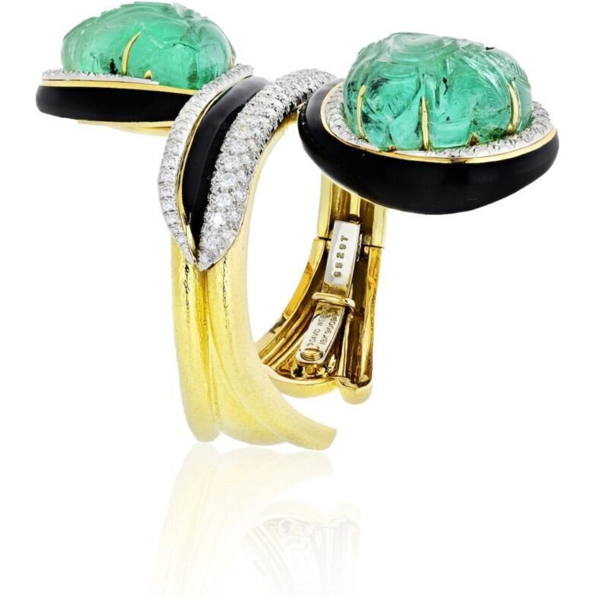 David Webb - Crossover Platinum & 18K Yellow Gold Carved Emerald And Diamond Bracelet