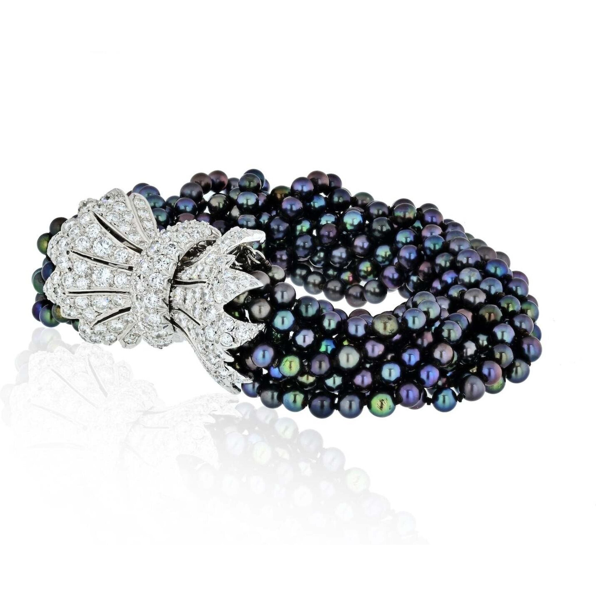 David Webb - Dyed Black Cultured Pearl Torsade Bracelet With Diamond Clasp