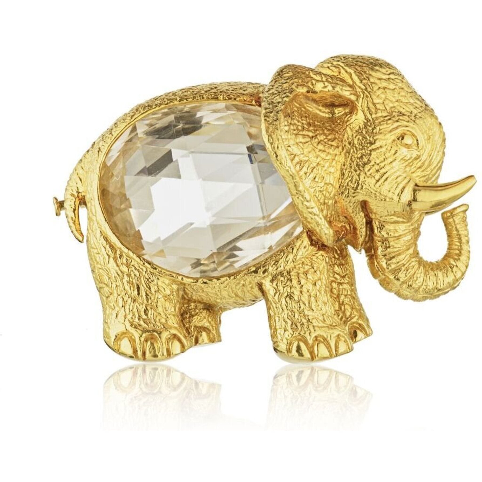 David Webb - Elephant Platinum & 18K Yellow Gold Rock Crystal Elephant Brooch