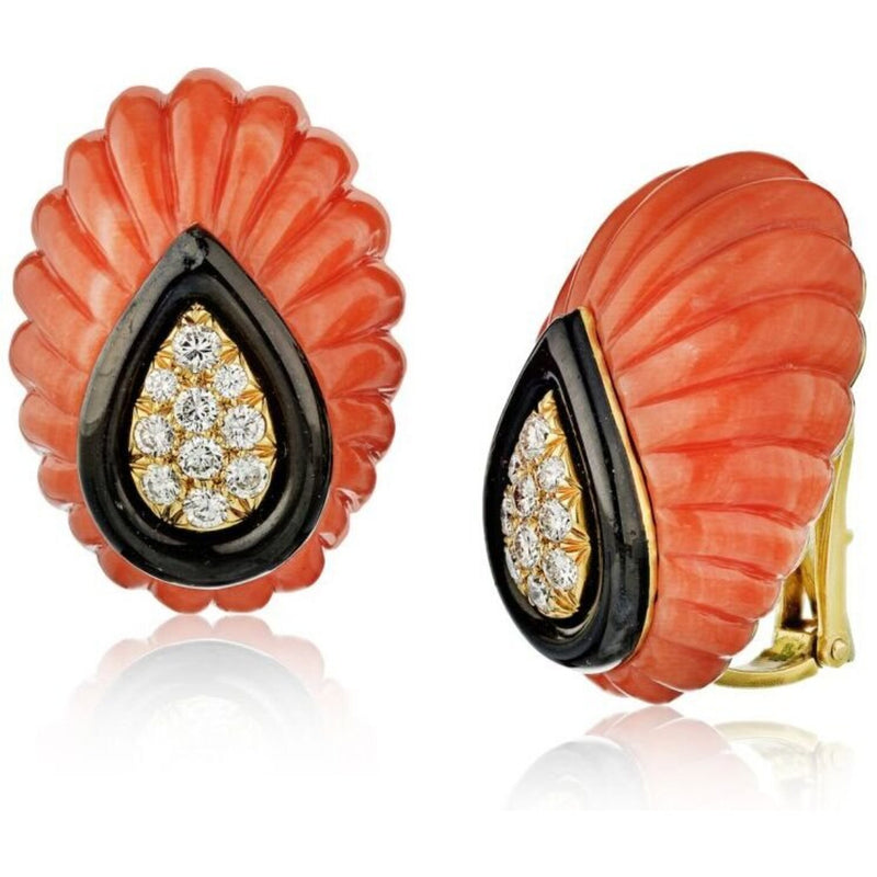 David Webb - Fluted Coral, Black Enamel, Diamond Clip-On Earrings