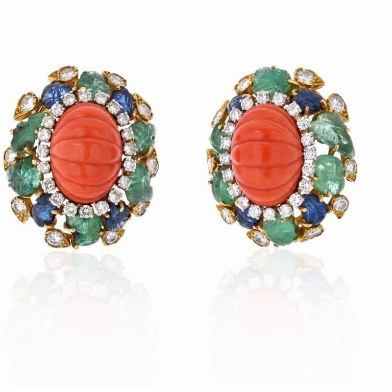 David Webb - Fluted Coral, Carved Emerald, Sapphire And Diamond Earrings