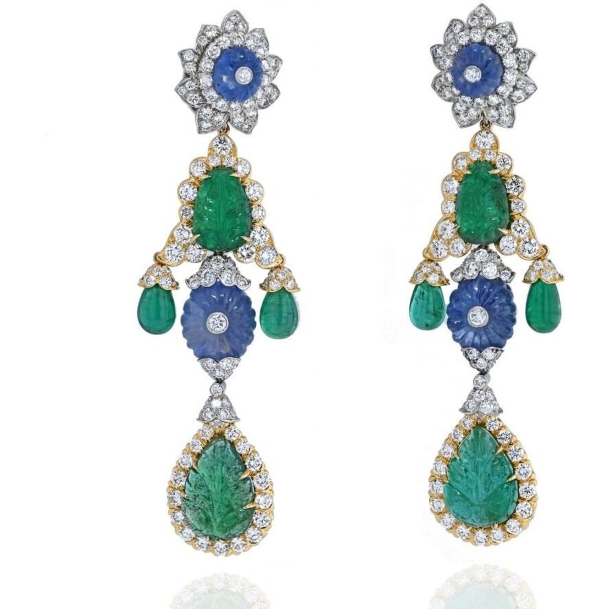 David Webb - Girandole Carved Emerald And Diamond Dangle Earrings