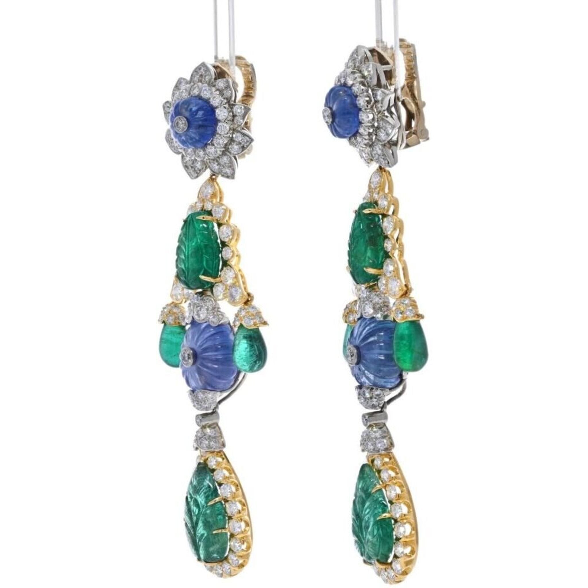 David Webb - Girandole Carved Emerald And Diamond Dangle Earrings
