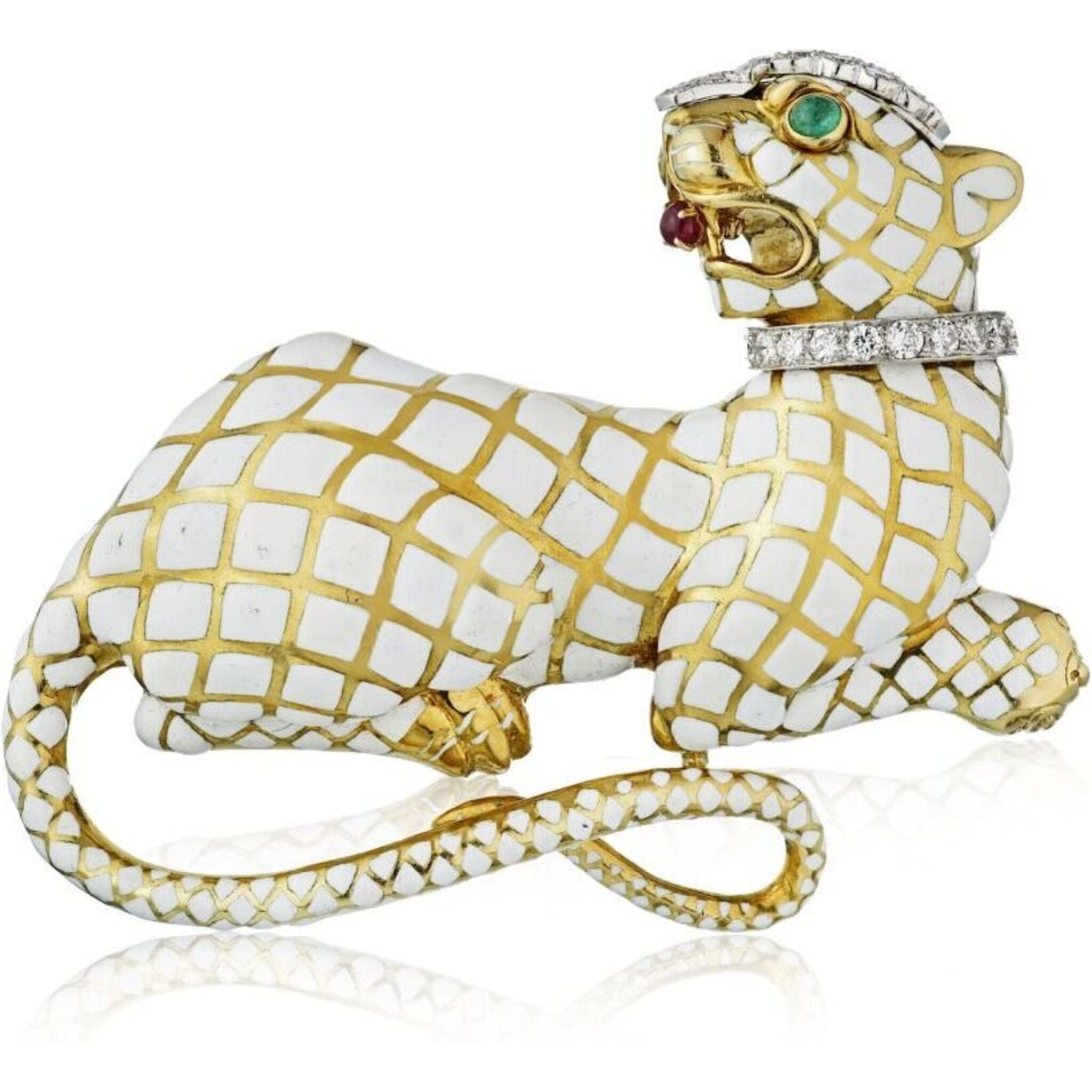 David Webb - Kingdom Platinum & 18K Yellow Gold White Enamel Panther With Diamond Collar Brooch