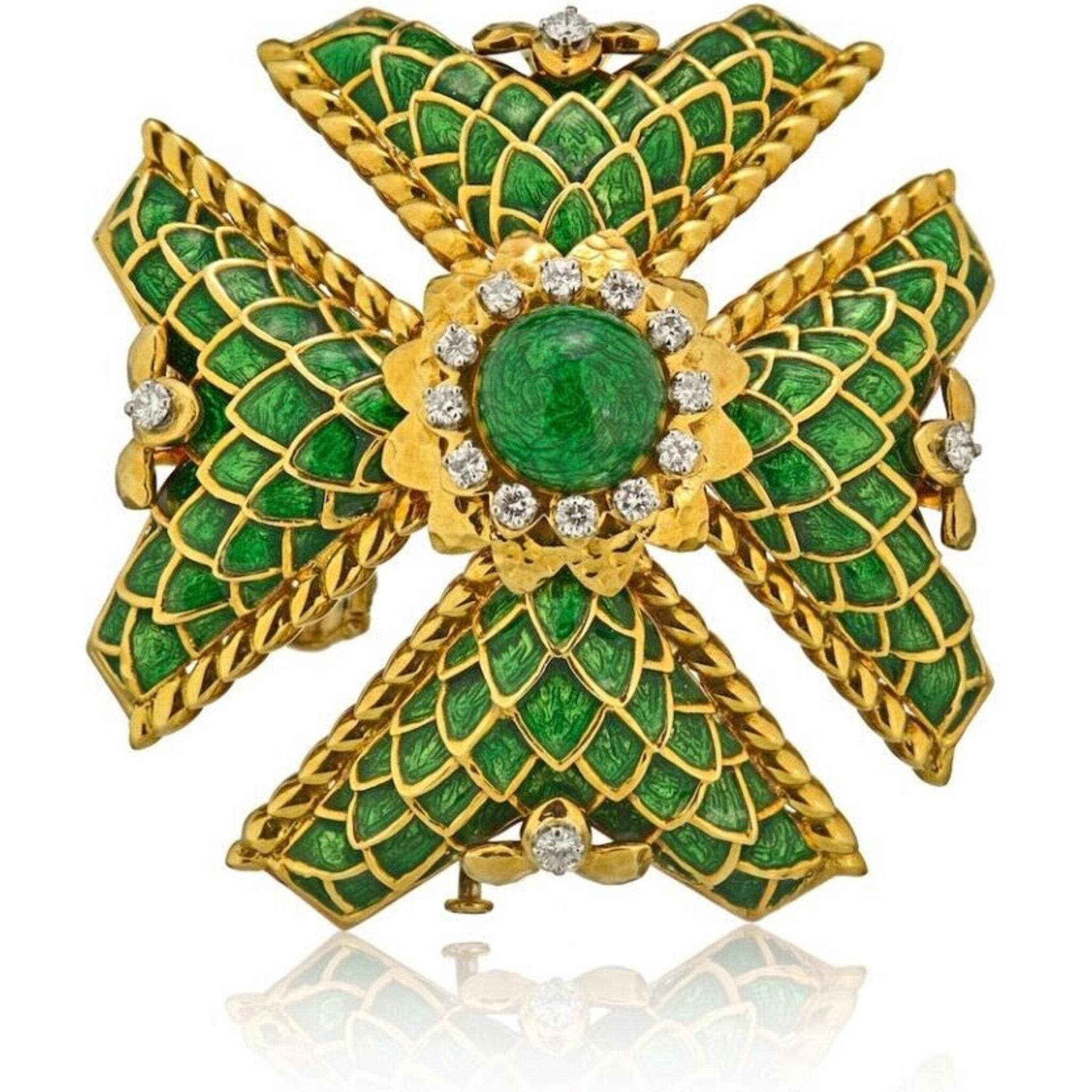 David Webb - Maltese Cross 18K Yellow Gold Large Diamond and Green Enamel Pendant