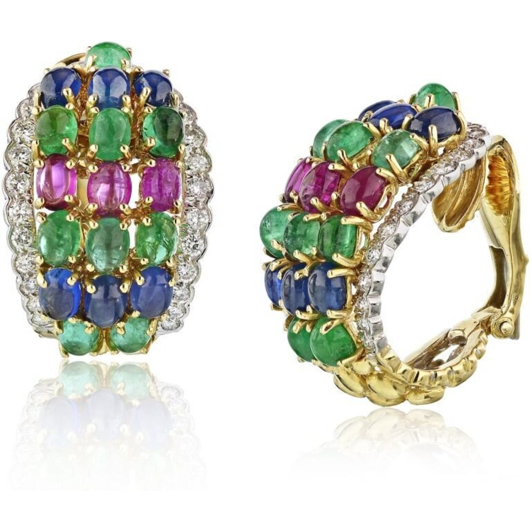 David Webb - Multicolor Platinum & 18K Yellow Gold Emeralds, Ruby, Sapphire, Diamonds Earrings
