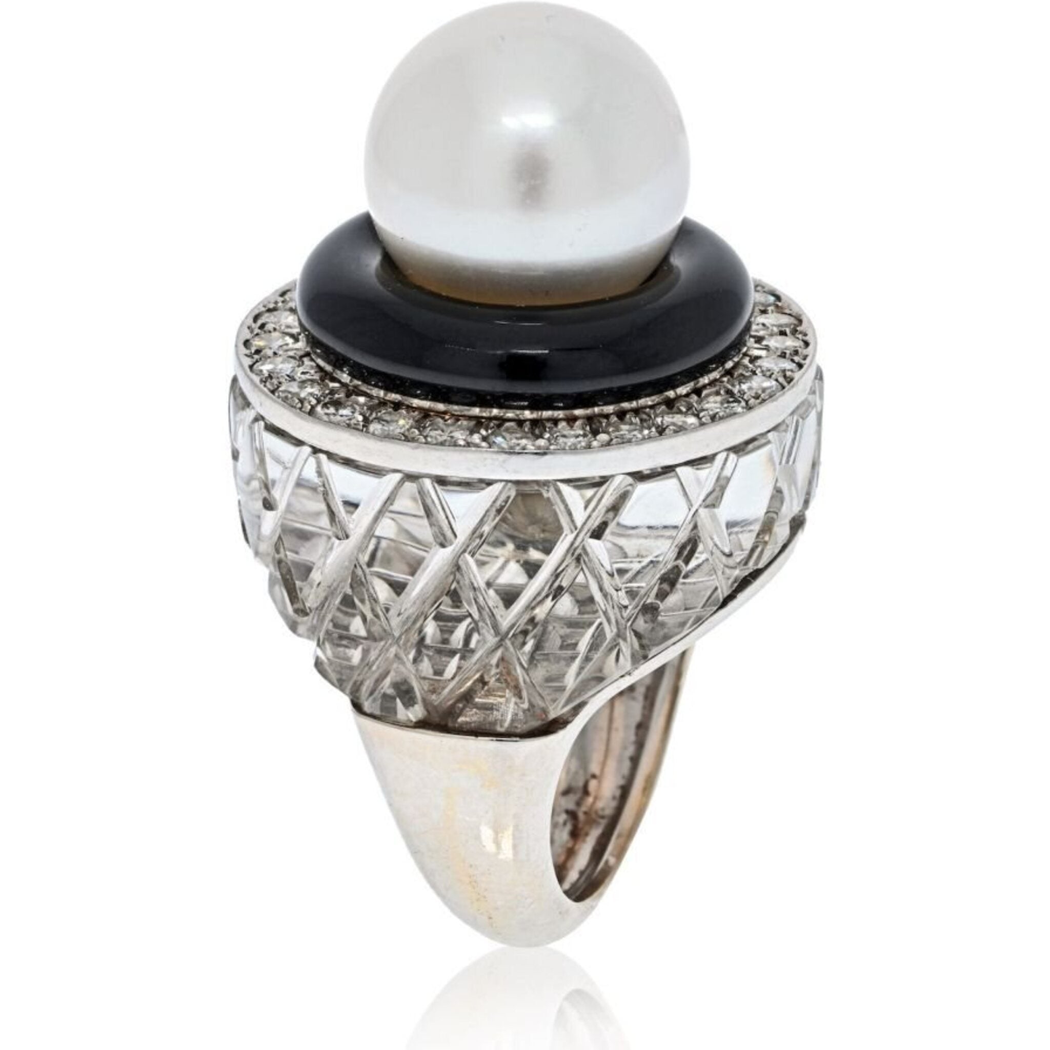 David Webb - Platinum & 18K White Gold Rock Crystal, Diamonds, Black Enamel, Pearl Ring