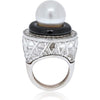 David Webb - Platinum & 18K White Gold Rock Crystal, Diamonds, Black Enamel, Pearl Ring