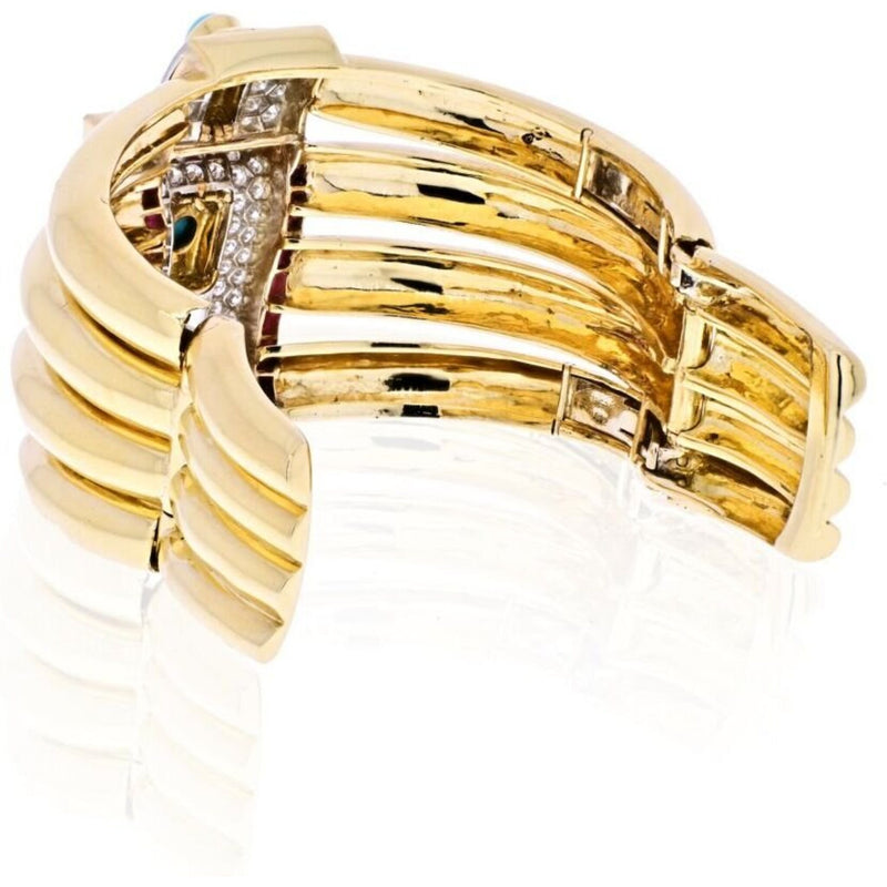 David Webb - Platinum & 18K Yellow Gold 1960's Diamond, Ruby And Turquoise Bangle Bracelet