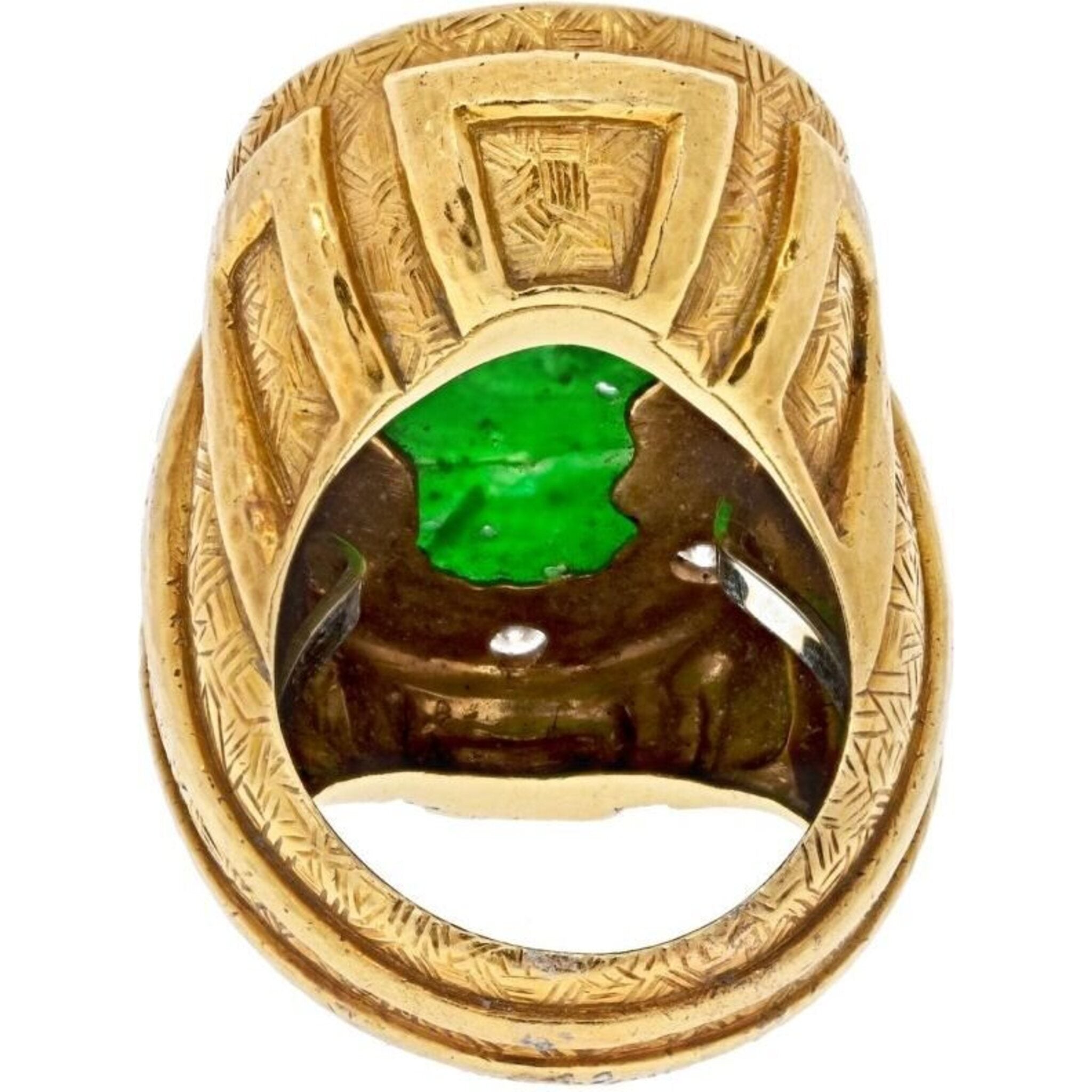 David Webb - Platinum & 18K Yellow Gold 1970's Carved Jade Dragon Style Ring