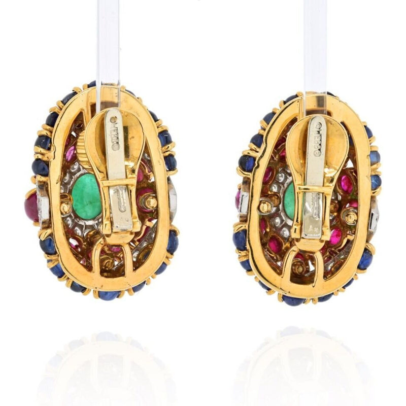 David Webb - Platinum & 18K Yellow Gold 1980's Color Gemstone Red, Green And Blue Diamond Earrings