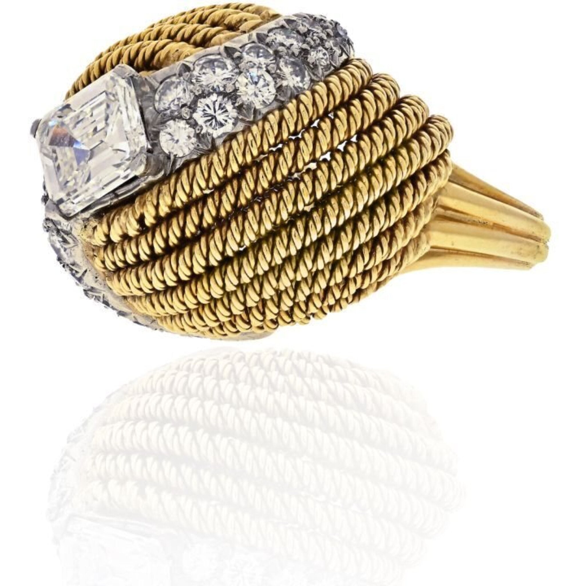 David Webb - Platinum & 18K Yellow Gold 2.13 Carat Emerald Cut Turban Diamond Ring