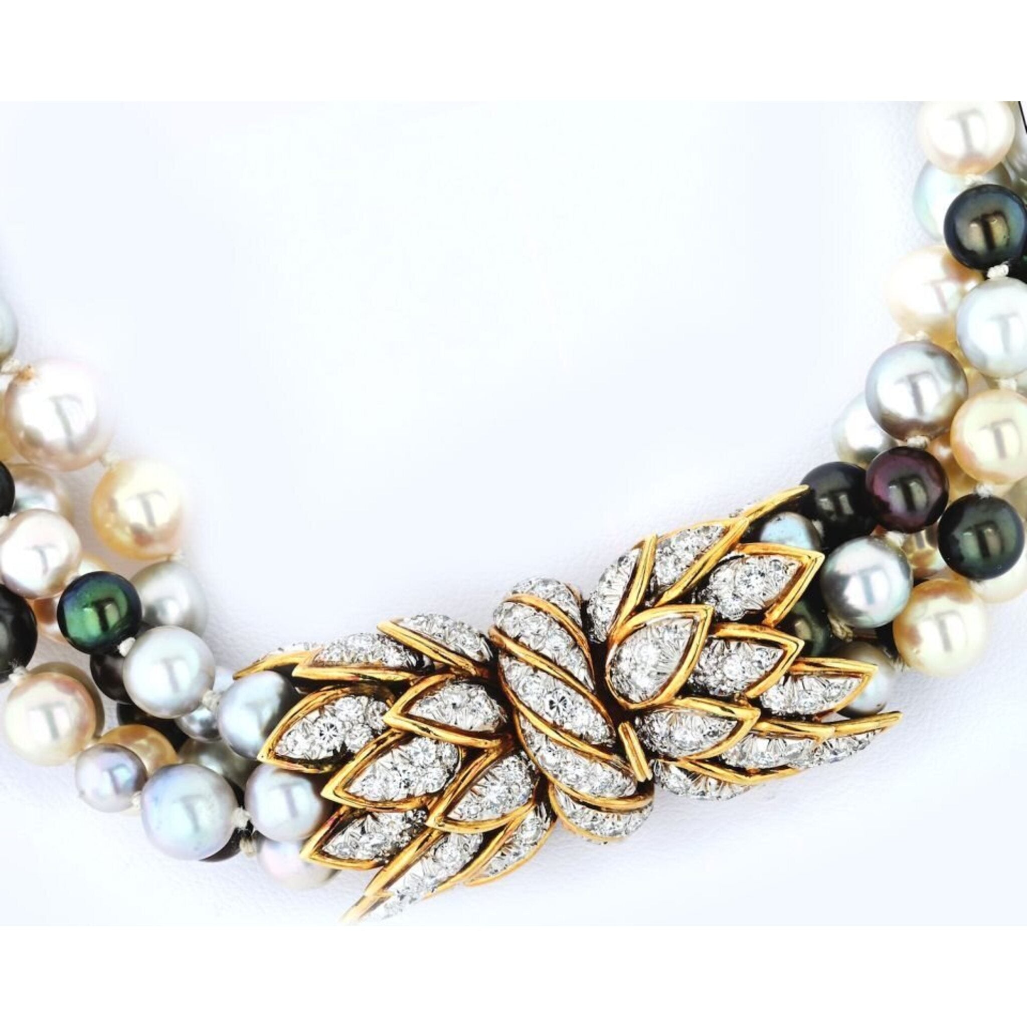 David Webb - Platinum & 18K Yellow Gold 5 Multi-Colored Pearl String Torsade Diamond Necklace