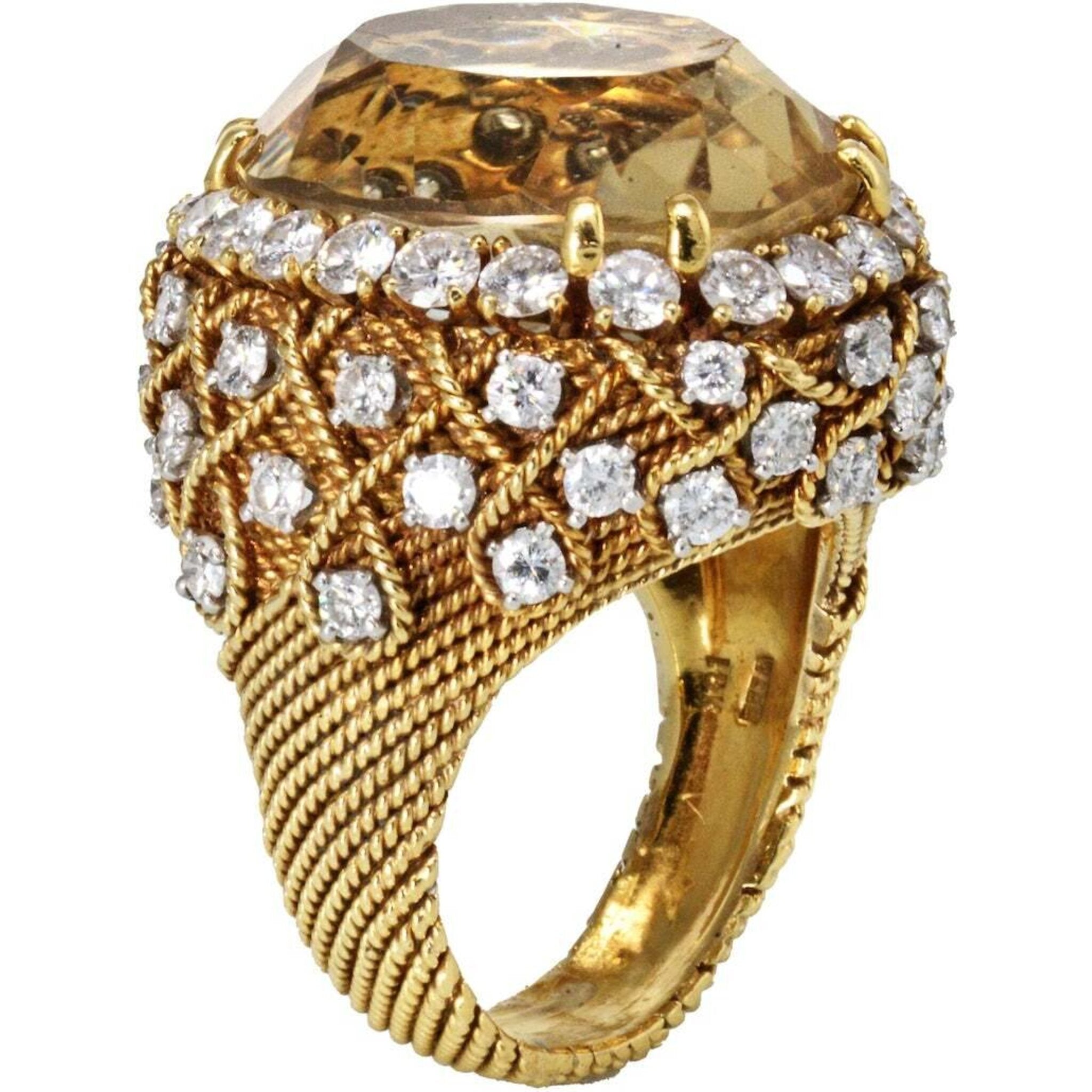 David Webb - Platinum & 18K Yellow Gold 5.50 Carat Diamond, Oval Citrine Ring