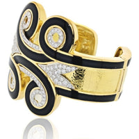 David Webb - Platinum & 18K Yellow Gold Arabesque Black Enamel Diamond Cuff Bangle Bracelet