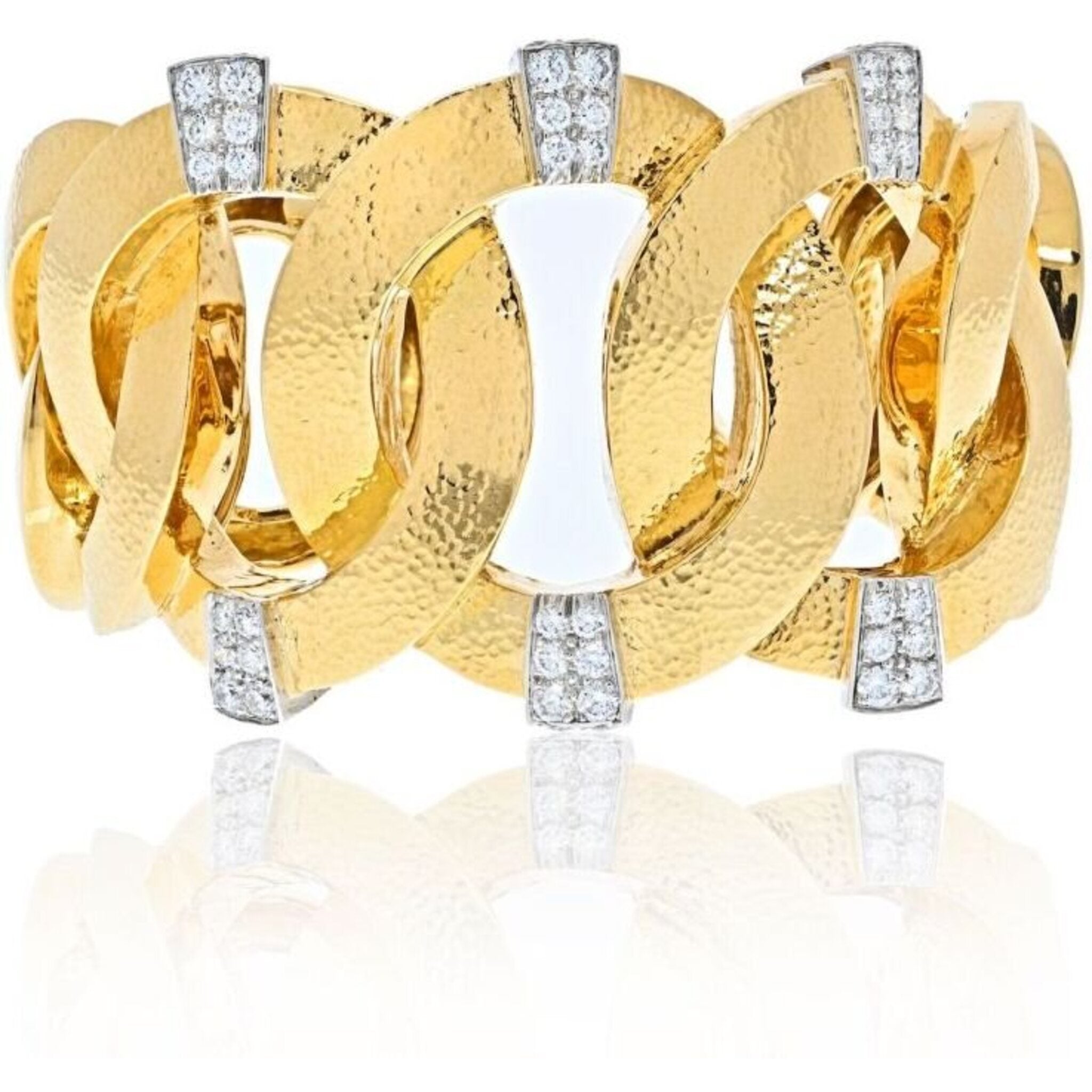 David Webb - Platinum & 18K Yellow Gold Athena Hammered Diamond Open Link Cuff Bracelet