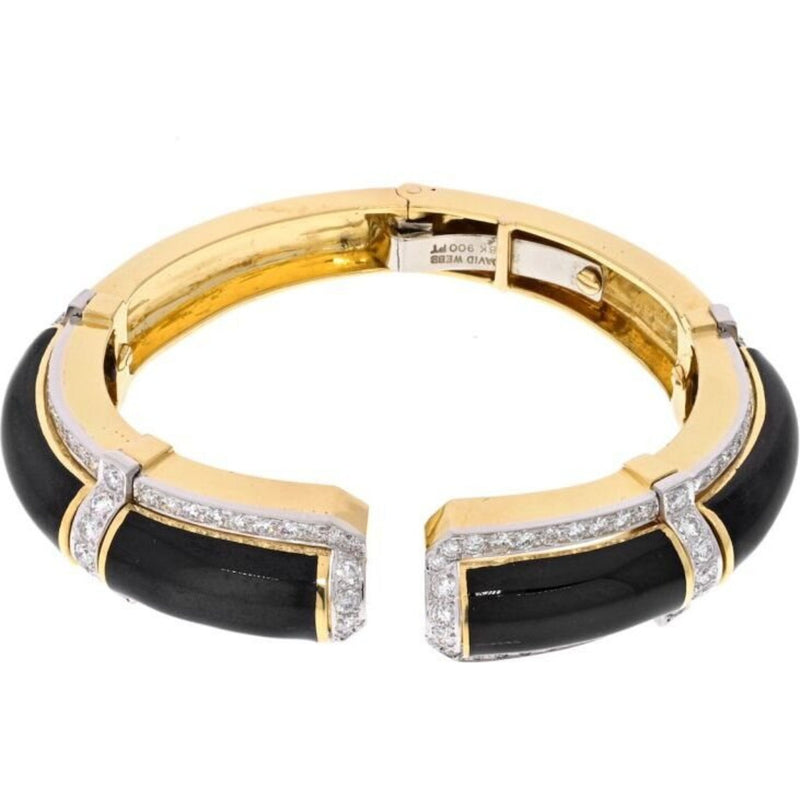 David Webb - Platinum & 18K Yellow Gold Black Enamel And Diamond Hinged Bracelet