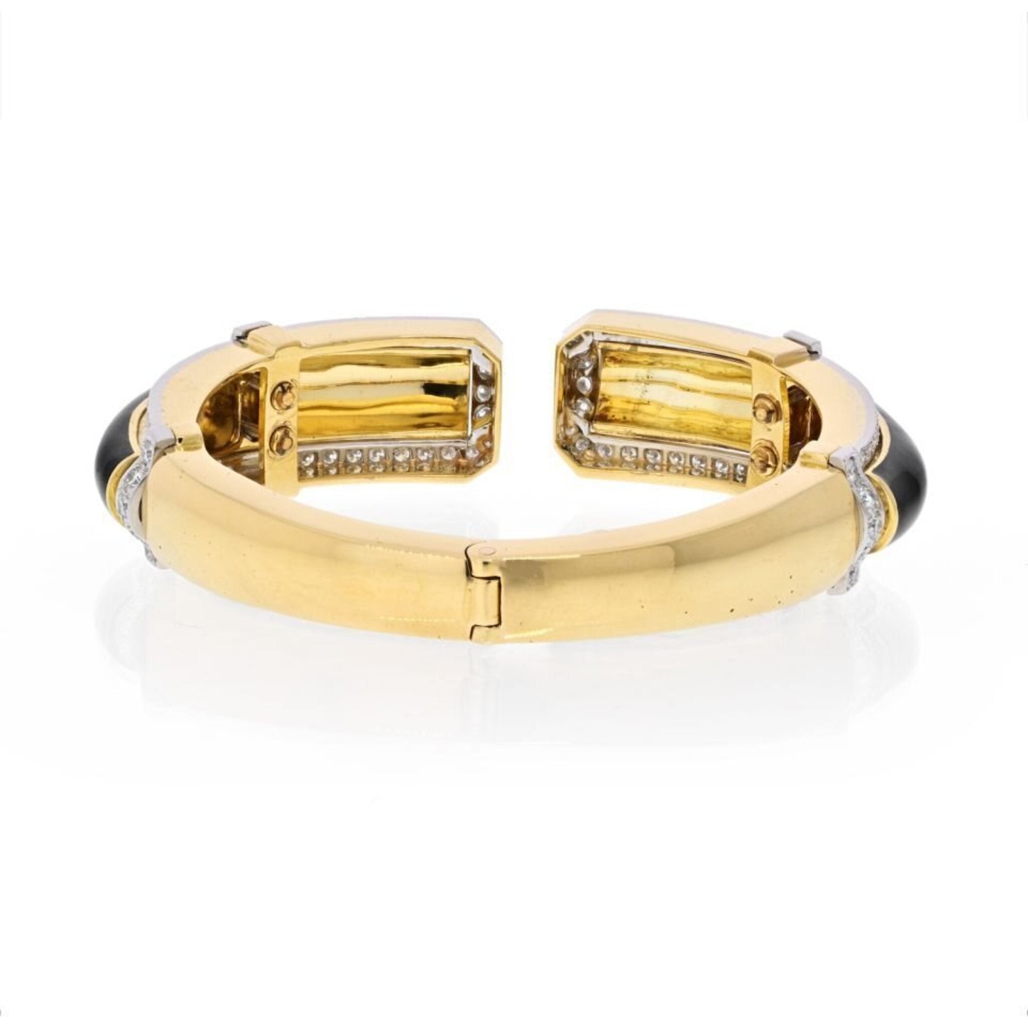 David Webb - Platinum & 18K Yellow Gold Black Enamel And Diamond Hinged Bracelet