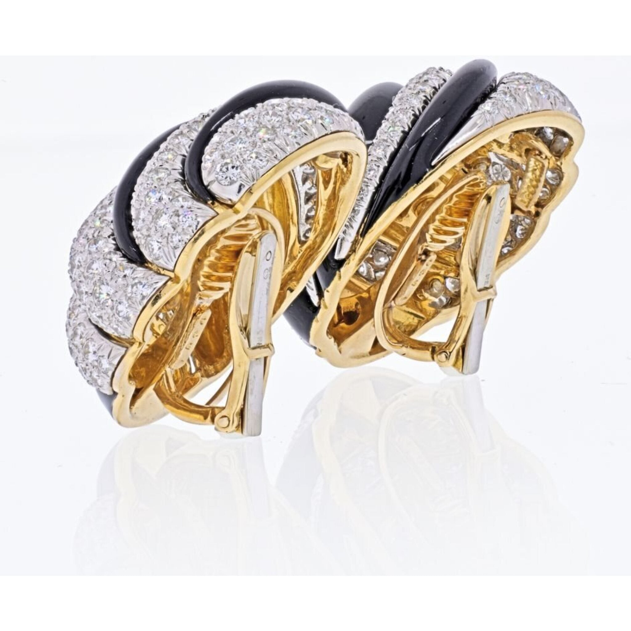 David Webb - Platinum & 18K Yellow Gold Black Enamel And Diamond Round Clip Earrings