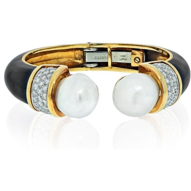 David Webb - Platinum & 18K Yellow Gold Black Enamel And Pearl Diamond Bracelet
