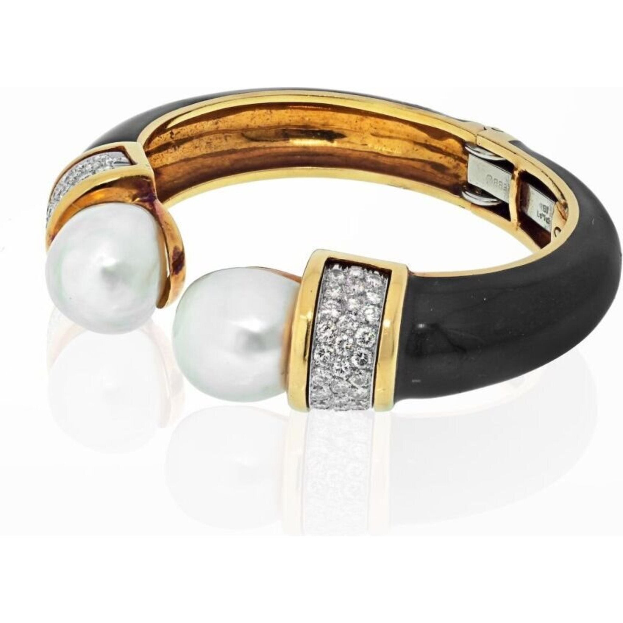 David Webb - Platinum & 18K Yellow Gold Black Enamel And Pearl Diamond Bracelet