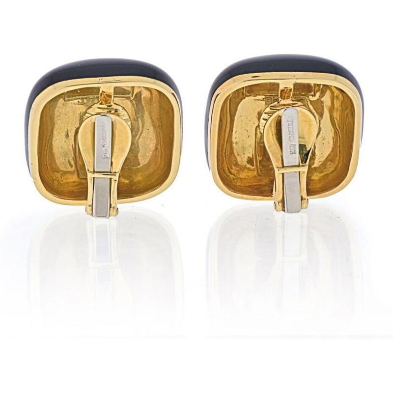 David Webb - Platinum & 18K Yellow Gold Black Enamel Cushion Clip-On Earrings