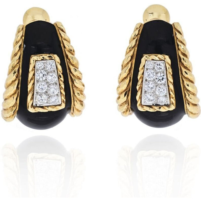 David Webb - Platinum & 18K Yellow Gold Black Enamel Diamond Earrings